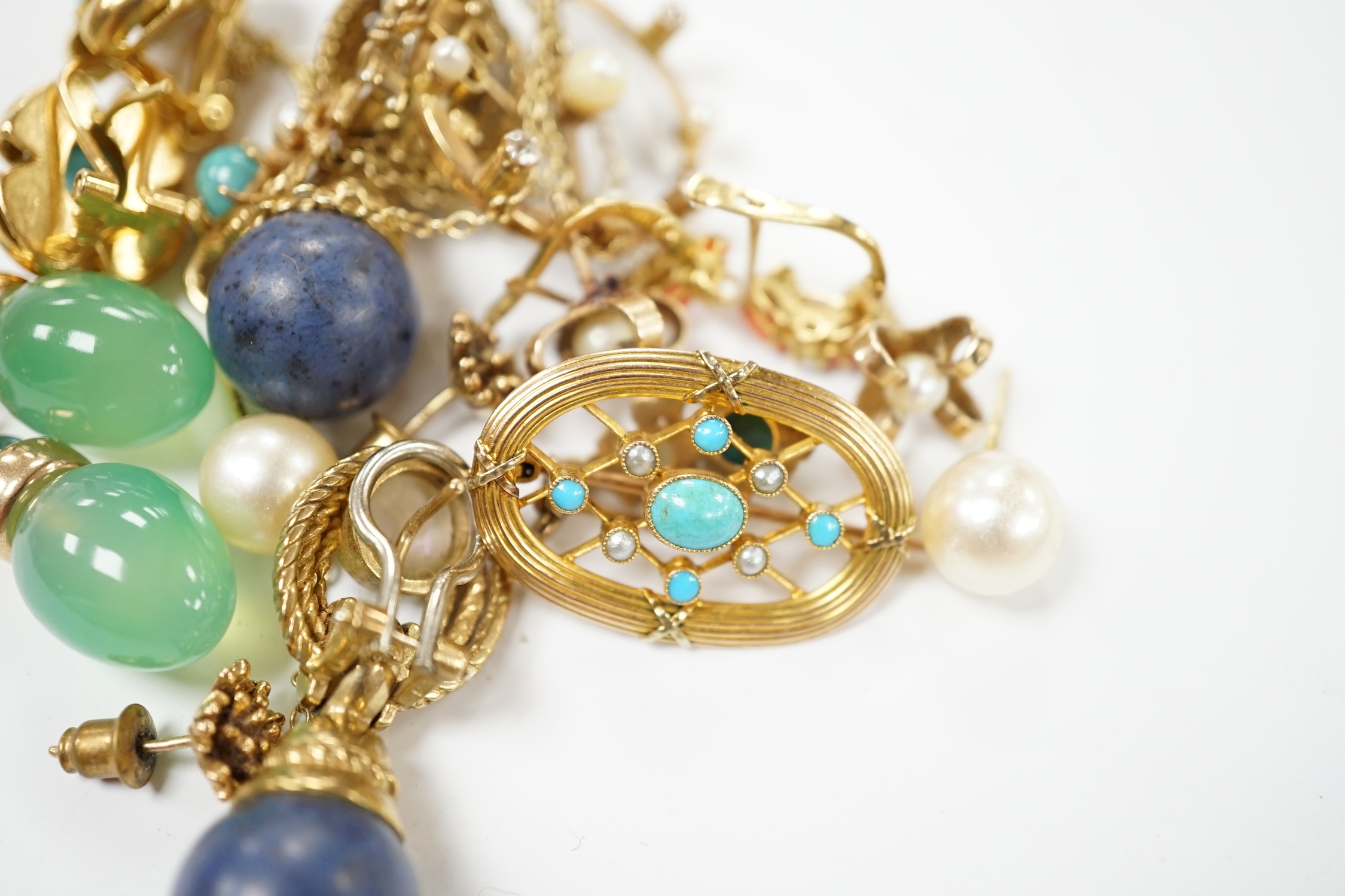 A group of assorted modern 9ct and gem set jewellery including cultured pearl and coral earrings, yellow metal and enamel earrings, etc., a 9ct turquoise and seed pearl set brooch and diamond and cultured pearl set open